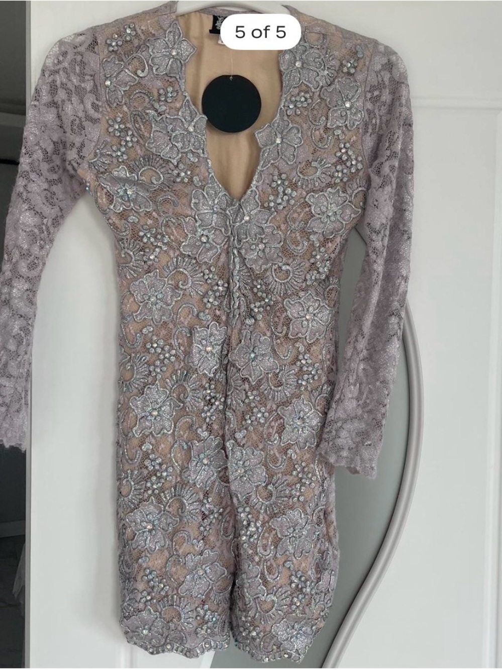 Embroidered Long-Sleeve Lace Dress in Dusty Lavender
